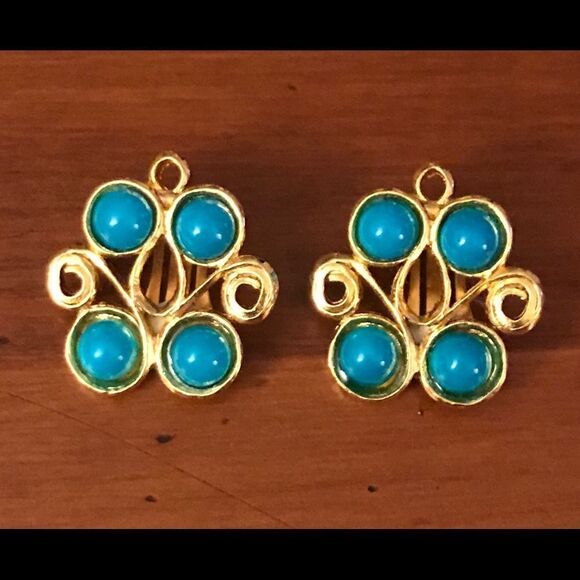 Gold Tone Clip-on Blue Stone Earrings - Picture 1 of 3